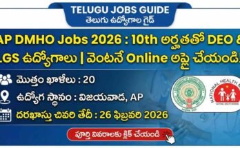 AP DMHO Jobs 2026 notification banner showing 10th pass DEO and LGS vacancies in Visakhapatnam with 20 posts and last date 26 February 2026.