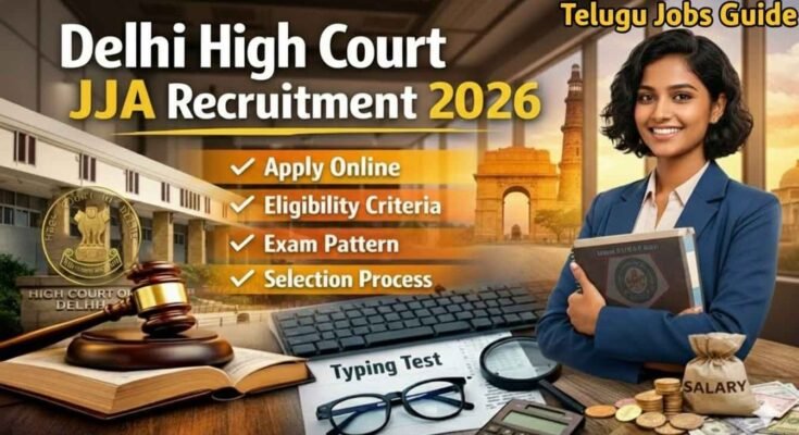 Delhi High Court JJA Recruitment 2026 featured image showing apply online, eligibility criteria, exam pattern, selection process and typing test details