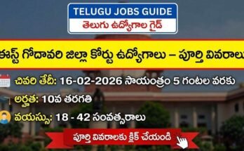 East Godavari District Court Jobs 2026 banner in Telugu showing court job vacancies, last date 16 February 2026, qualification 10th pass, age limit 18 to 42 years
