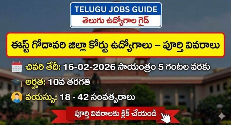 East Godavari District Court Jobs 2026 banner in Telugu showing court job vacancies, last date 16 February 2026, qualification 10th pass, age limit 18 to 42 years