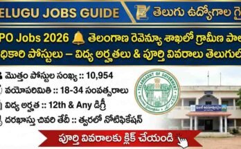 తెలంగాణ రెవెన్యూ శాఖ GPO Jobs 2026 పోస్టర్ – 10,954 గ్రామ పాలన అధికారి ఖాళీలు, వయస్సు 18-34, 12వ తరగతి & డిగ్రీ అర్హత వివరాలు