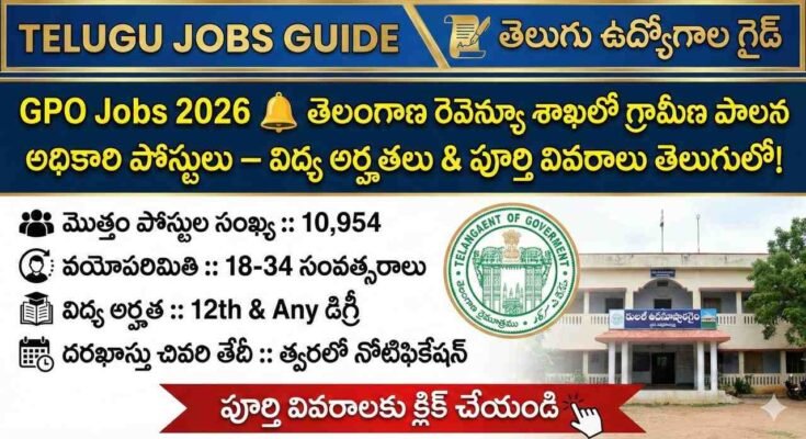 తెలంగాణ రెవెన్యూ శాఖ GPO Jobs 2026 పోస్టర్ – 10,954 గ్రామ పాలన అధికారి ఖాళీలు, వయస్సు 18-34, 12వ తరగతి & డిగ్రీ అర్హత వివరాలు