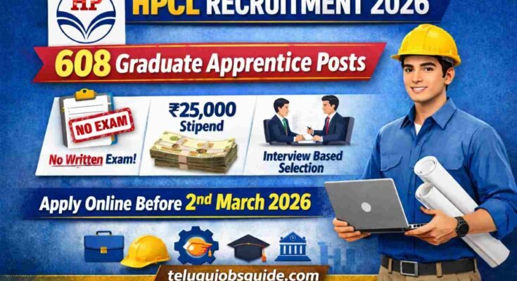 HPCL Recruitment 2026 notification for 608 Graduate Apprentice posts with no written exam and ₹25,000 stipend – Apply before 2 March 2026 at telugujobsguide.com