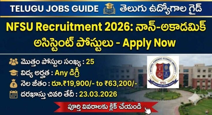 NFSU Non Academic Recruitment 2026 notification image showing 25 Assistant, Section Officer vacancies, Any Degree eligibility, salary ₹19,900 to ₹63,200, last date 23-03-2026