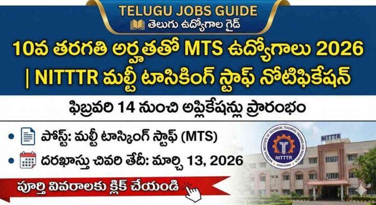 NITTTR MTS Recruitment 2026 notification poster for 10th pass candidates showing Multi Tasking Staff vacancies opening February 14 and last date March 13, 2026