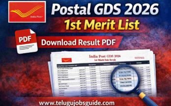 Postal GDS 2026 1st Merit List PDF download banner with India Post logo and www.telugujobsguide.com website name