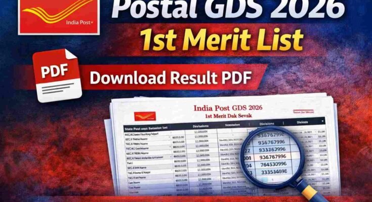 Postal GDS 2026 1st Merit List PDF download banner with India Post logo and www.telugujobsguide.com website name