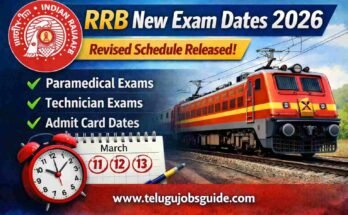 RRB New Exam Dates 2026 revised schedule banner with Paramedical and Technician exam dates and website telugujobsguide.com