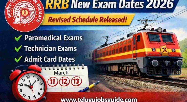 RRB New Exam Dates 2026 revised schedule banner with Paramedical and Technician exam dates and website telugujobsguide.com