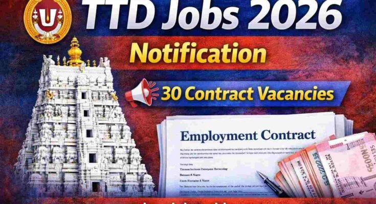 TTD Jobs 2026 notification banner showing 30 contract vacancies with www.telugujobsguide.com
