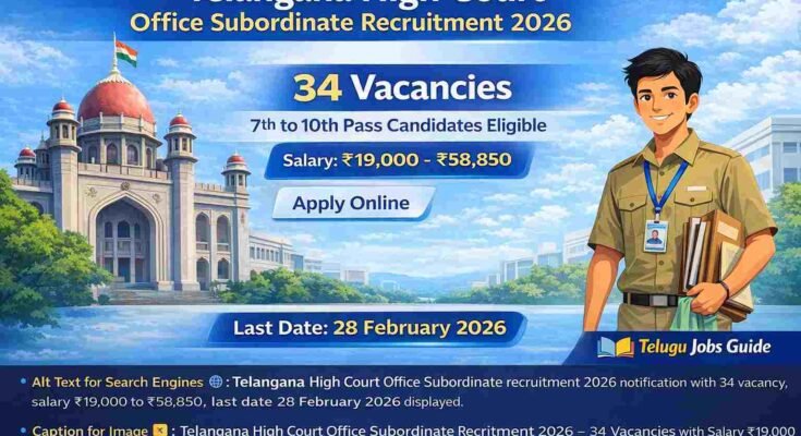 Telangana High Court Office Subordinate Recruitment 2026 notification image showing 34 vacancies, salary ₹19,000 to ₹58,850, last date 28 February 2026 – Telugu Jobs Guide