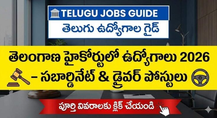 Telangana High Court Jobs 2026 banner in Telugu announcing Office Subordinate and Driver vacancies with Telugu Jobs Guide branding