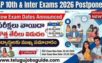 AP 10th and Inter Exams 2026 postponed poster showing new exam dates SSC 02 April 2026 and Inter 25 March 2026 with Telugu text