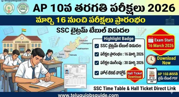 AP 10th Class Exams 2026 banner showing SSC time table, exam start date March 16, 2026, and hall ticket download information for Andhra Pradesh students.