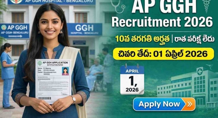 AP GGH Recruitment 2026 notification image showing candidate with application form last date April 1 no exam 10th pass jobs