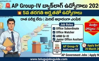 AP Group-IV Backlog Jobs 2026 banner showing Andhra Pradesh government recruitment with 5th class eligibility, Office Subordinate, Office Watcher, ANM Gr-III and Junior Office Assistant posts.