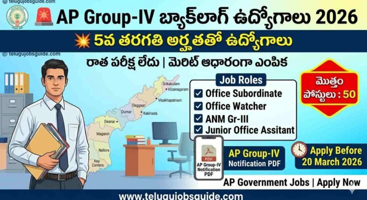 AP Group-IV Backlog Jobs 2026 banner showing Andhra Pradesh government recruitment with 5th class eligibility, Office Subordinate, Office Watcher, ANM Gr-III and Junior Office Assistant posts.
