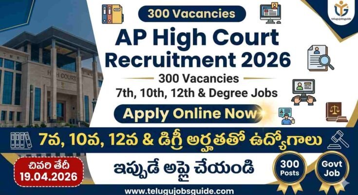 AP High Court Recruitment 2026 poster showing 300 vacancies for 7th, 10th, 12th and degree jobs with last date 19 April 2026
