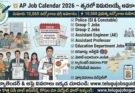 AP Job Calendar 2026 infographic showing 10,060 expected government job vacancies in Andhra Pradesh including Police, Group-1, Group-2, Assistant Engineer and Assistant Professor posts, with students preparing for exams, AP state map, and recruitment calendar illustration.