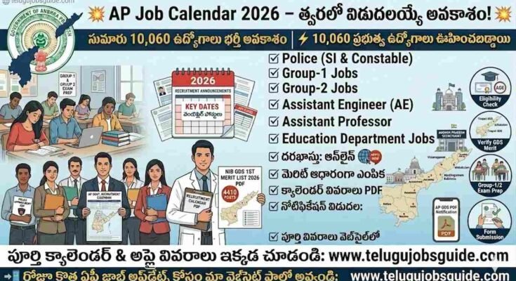 AP Job Calendar 2026 infographic showing 10,060 expected government job vacancies in Andhra Pradesh including Police, Group-1, Group-2, Assistant Engineer and Assistant Professor posts, with students preparing for exams, AP state map, and recruitment calendar illustration.
