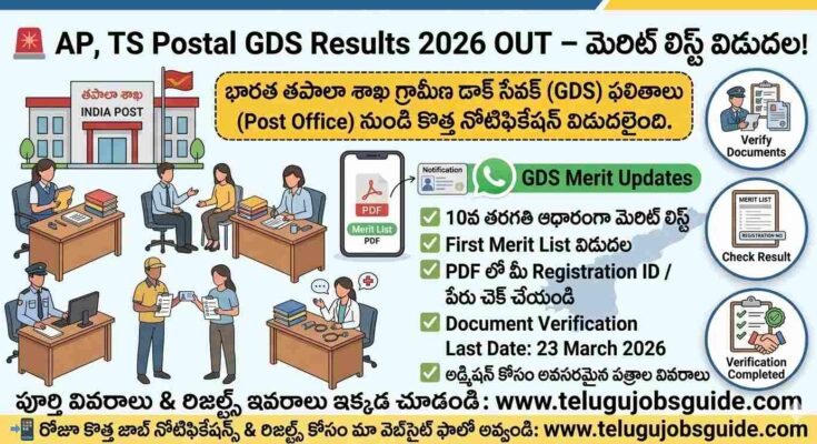 AP TS Postal GDS Results 2026 OUT infographic showing India Post Gramin Dak Sevak first merit list details, document verification last date 23 March 2026 and result checking steps.