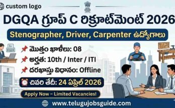 DGQA Group C Recruitment 2026 banner showing 8 vacancies for Stenographer, Driver, and Carpenter posts with last date April 24, 2026