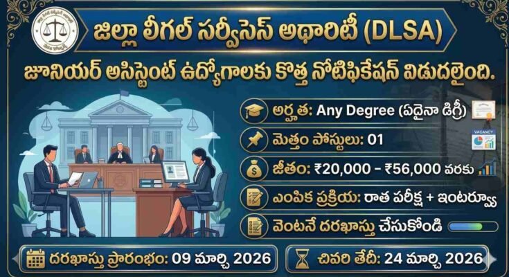 District Legal Services Authority (DLSA) Junior Assistant Jobs 2026 notification image showing Any Degree eligibility, 1 vacancy, salary ₹20,000–₹56,000, and application dates from 09 March to 24 March 2026.