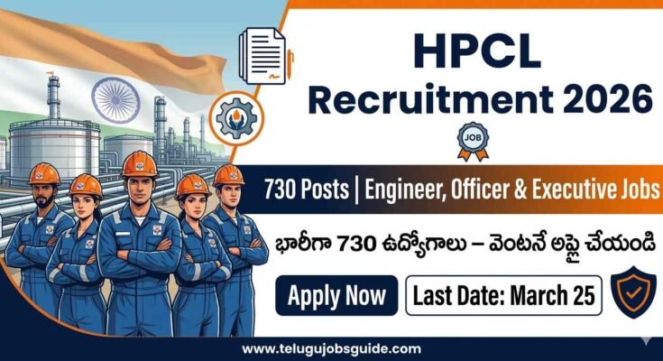 HPCL Recruitment 2026 featured image showing oil refinery and engineers with 730 posts for engineer officer and executive jobs apply before March 25