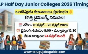 AP Half Day Junior Colleges 2026 Timings with April schedule, morning classes from 8:00 AM to 12:30 PM and summer holidays from April 24