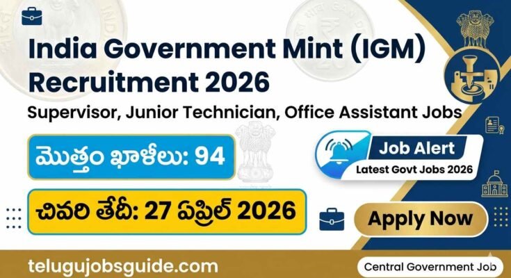 India Government Mint IGM Recruitment 2026 featured image showing 94 vacancies and last date 27 April 2026 for Supervisor, Junior Technician and Office Assistant jobs