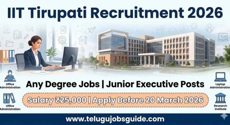 IIT Tirupati Recruitment 2026 poster showing Junior Executive jobs for Any Degree candidates with ₹25,000 salary and application last date 20 March 2026.
