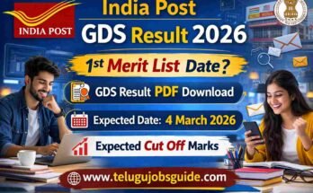 India Post GDS Result 2026 banner showing 1st Merit List date, GDS Result PDF download, expected cut off marks and website www.telugujobsguide.com with job seeker images
