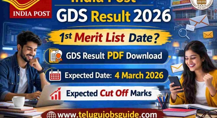 India Post GDS Result 2026 banner showing 1st Merit List date, GDS Result PDF download, expected cut off marks and website www.telugujobsguide.com with job seeker images