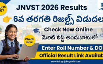 JNVST 2026 Results poster showing Class 6 results released with student checking result online and merit list details in Telugu and English