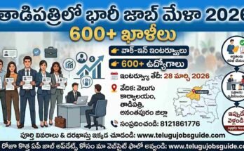 Tadipatri Mega Job Mela 2026 Telugu poster showing 600+ job vacancies, walk-in interviews, date March 28, Velugu office Tadipatri, and contact number