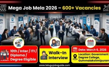 Mega Job Mela 2026 poster showing 600+ vacancies with eligibility 10th, Inter, ITI, Diploma and Degree and walk-in interview on March 6, 2026 at Government Degree College Gummalakshmipuram