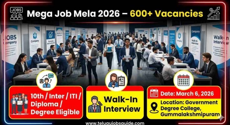 Mega Job Mela 2026 poster showing 600+ vacancies with eligibility 10th, Inter, ITI, Diploma and Degree and walk-in interview on March 6, 2026 at Government Degree College Gummalakshmipuram