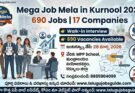 Mega Job Mela in Kurnool 2026 poster showing 690 job vacancies, 17 companies, walk-in interview details, date March 28, venue MPP School Madhavaram, and contact number
