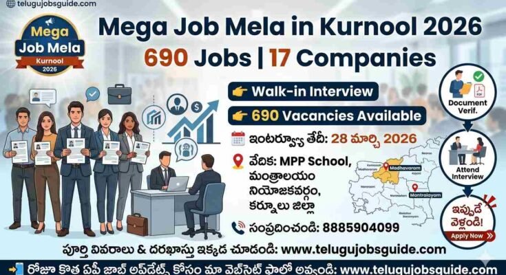 Mega Job Mela in Kurnool 2026 poster showing 690 job vacancies, 17 companies, walk-in interview details, date March 28, venue MPP School Madhavaram, and contact number
