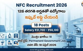 NFC Recruitment 2026 notification poster showing 12th pass jobs, 18 posts, salary ₹21,700–₹56,100 in Hyderabad
