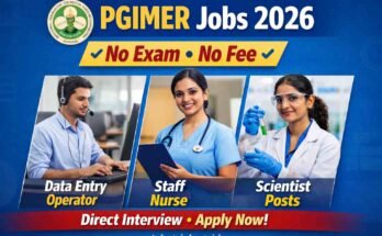 PGIMER Jobs 2026 notification image showing Data Entry Operator, Staff Nurse and Scientist posts with No Exam No Fee direct interview and website www.telugujobsguide.com