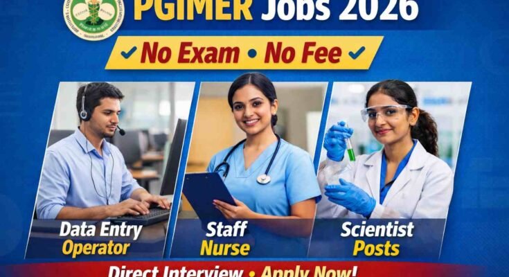 PGIMER Jobs 2026 notification image showing Data Entry Operator, Staff Nurse and Scientist posts with No Exam No Fee direct interview and website www.telugujobsguide.com