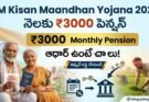 PM Kisan Maandhan Yojana 2026 Telugu poster showing ₹3000 monthly pension scheme with elderly farmer couple, Aadhaar card, and farming background