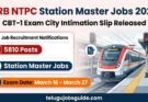 RRB NTPC Station Master Jobs 2026 recruitment poster showing CBT-1 Exam City Intimation Slip released, 5810 posts, and exam dates from March 16 to March 27.