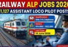 Railway ALP Jobs 2026 notification banner showing Indian locomotive train with 11,127 Assistant Loco Pilot posts, qualification 10th/ITI/Diploma, salary ₹19,900–₹63,200 and last date 14 June 2026 – TeluguJobsGuide