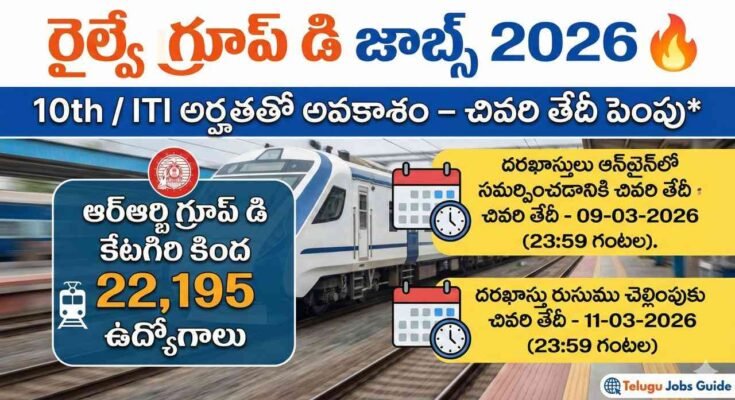 RRB Group D Recruitment 2026 notification image showing 22,195 railway jobs with last date extended to 09 March 2026 for 10th and ITI candidates.