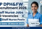 AP DPH&FW Staff Nurse Recruitment 2026 poster showing 150 vacancies with female nurse in hospital background and apply now button