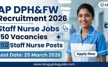 AP DPH&FW Staff Nurse Recruitment 2026 poster showing 150 vacancies with female nurse in hospital background and apply now button