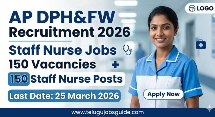 AP DPH&FW Staff Nurse Recruitment 2026 poster showing 150 vacancies with female nurse in hospital background and apply now button