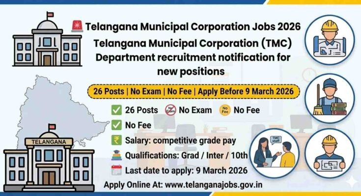 Telangana Municipal Corporation Jobs 2026 notification for 26 Technical Assistant and Multi Tasking Staff posts with no exam and no application fee.